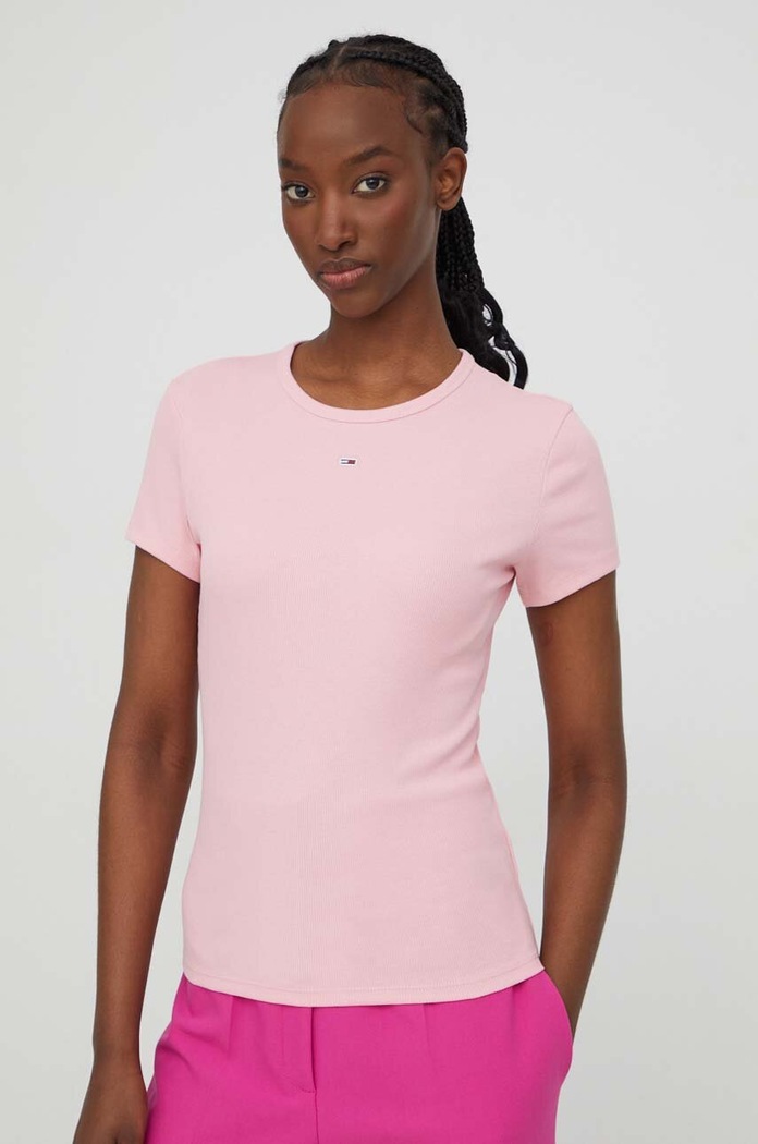 Tommy Jeans T-shirt basic damski bawełniany z elastanem z elastanem różowy DW0DW17383