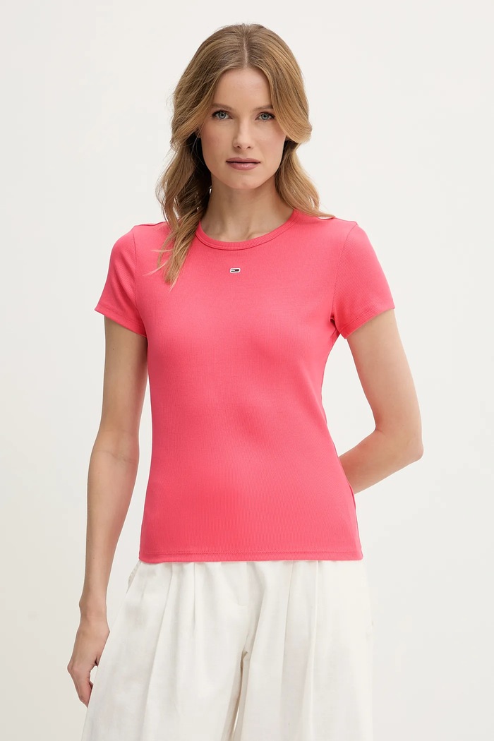 Tommy Jeans basic tričko dámske bavlnené s elastanom ružová DW0DW17383