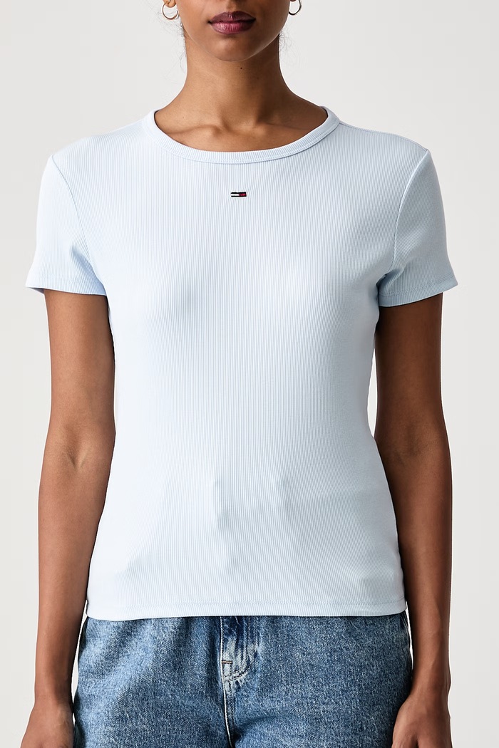 T-shirt basic damski bawełniany z elastanem Tommy Jeans DW0DW17383 niebieski