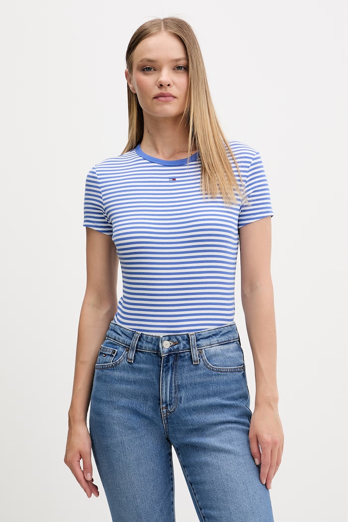 Tommy Jeans tricou basic feminin din bumbac cu elastan albastru DW0DW17383