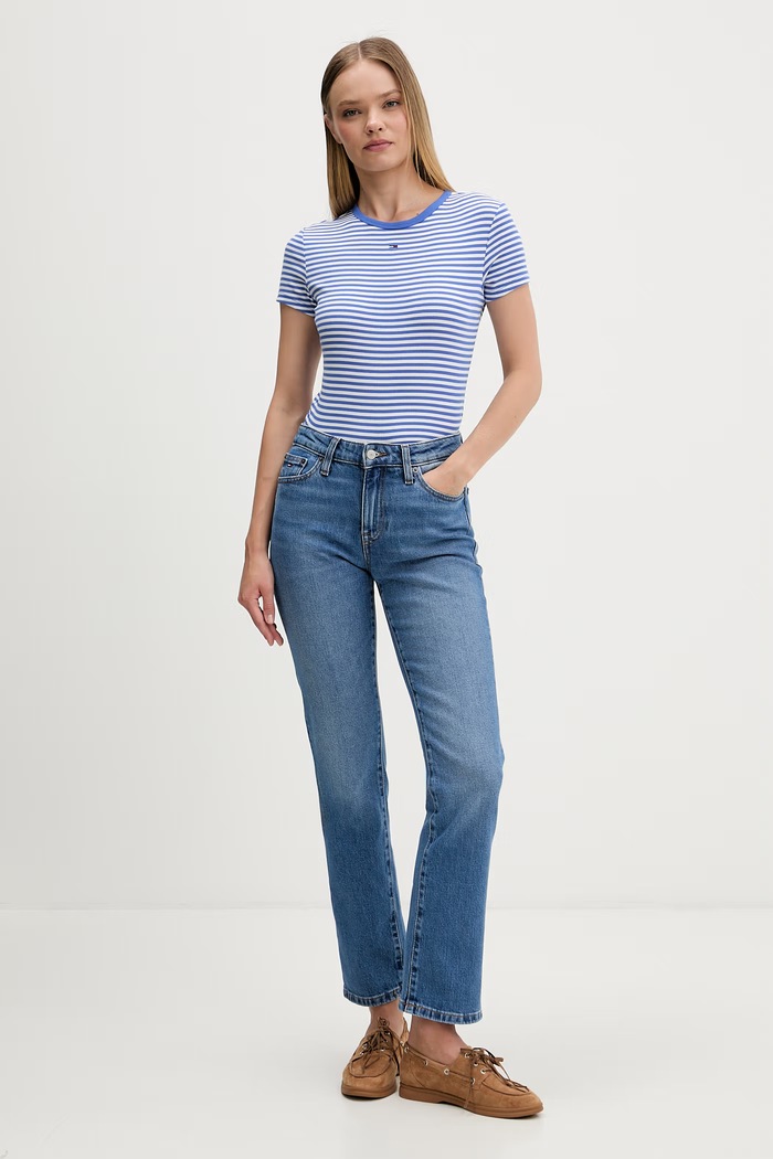 Tommy Jeans tricou basic feminin din bumbac cu elastan DW0DW17383 albastru AA00