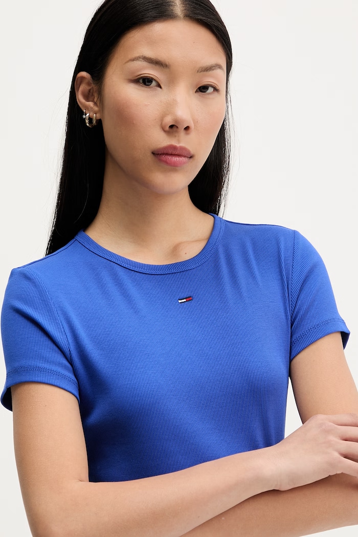 Tommy Jeans tricou basic pentru femei, din bumbac cu elastan albastru DW0DW17383