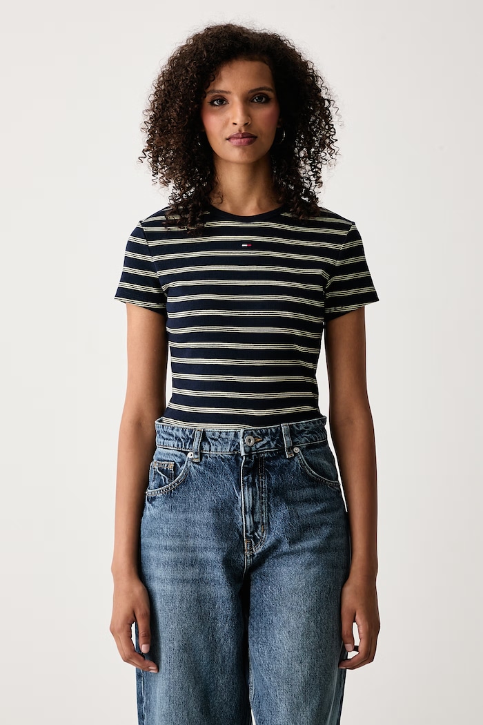 Tommy Jeans Tricou basic pentru femei din bumbac cu elastan bleumarin DW0DW17383