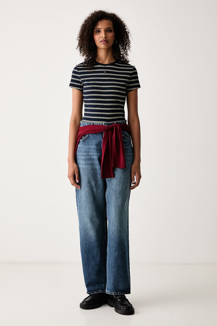 Tommy Jeans Tricou basic pentru femei din bumbac cu elastan DW0DW17383 bleumarin AA00