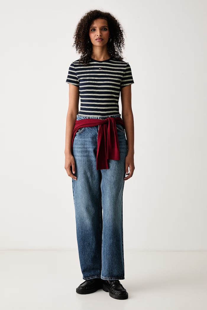 Tommy Jeans Tricou basic pentru femei din bumbac cu elastan DW0DW17383 bleumarin AA00