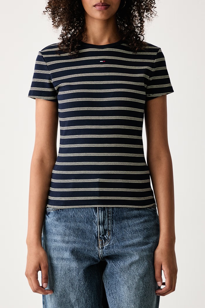 Tricou basic pentru femei din bumbac cu elastan Tommy Jeans DW0DW17383 bleumarin