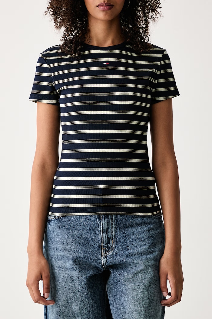 Tricou basic pentru femei din bumbac cu elastan Tommy Jeans DW0DW17383 bleumarin