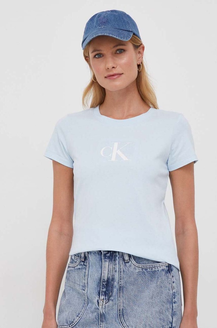 Bavlněné tričko Calvin Klein Jeans nášivka modrá J20J222961