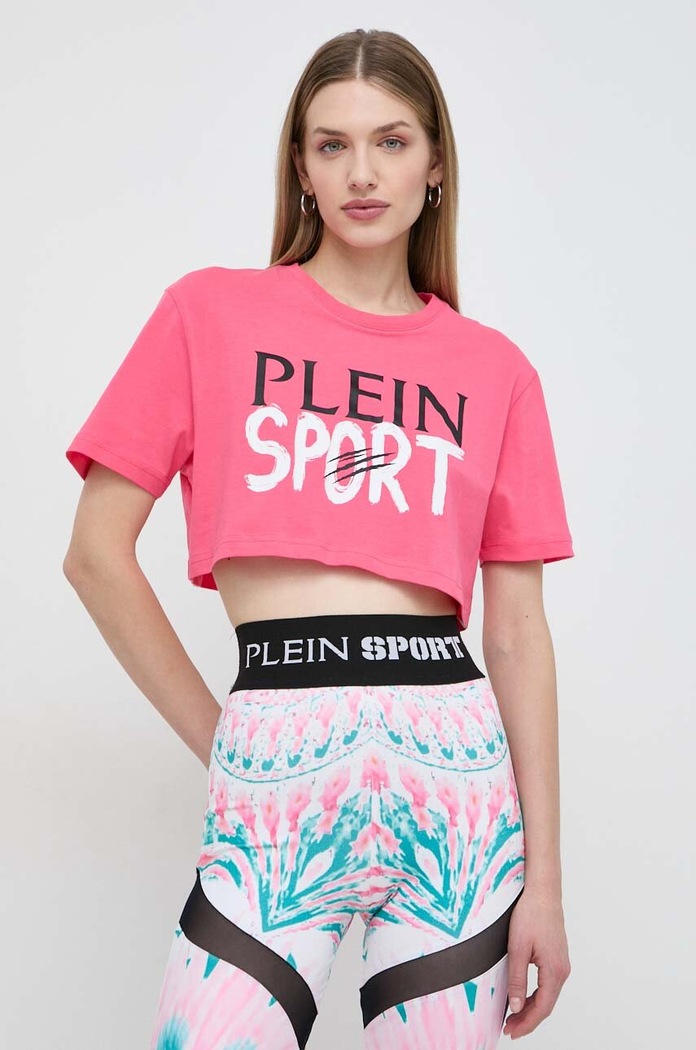 Βαμβακερό μπλουζάκι PLEIN SPORT στάμπα ροζ SADC.WTK3135.SJY001N