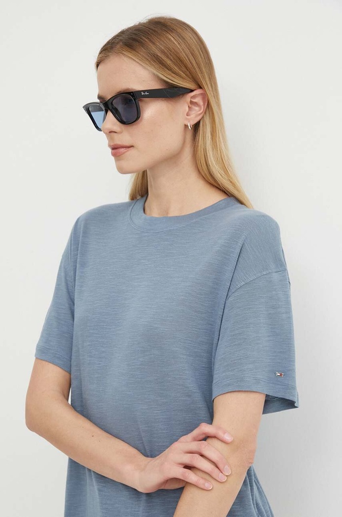 Tričko s příměsí lnu Tommy Hilfiger s příměsí lnu modrá WW0WW41196