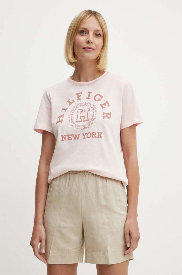 Bavlněné tričko Tommy Hilfiger potisk růžová WW0WW41575