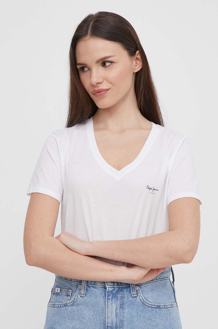 Pamučna majica Pepe Jeans LORETTE V NECK Planet friendly bijela PL505826