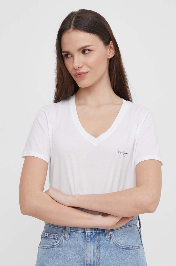 Pamučna majica Pepe Jeans LORETTE V NECK Planet friendly bijela PL505826