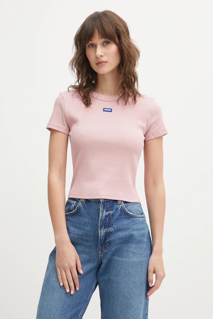 HUGO Blue tričko dámske bavlnené s elastanom Baby Tee_B nášivka ružová 50510749