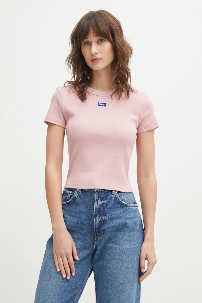 HUGO Blue tričko dámske bavlnené s elastanom Baby Tee_B nášivka ružová 50510749