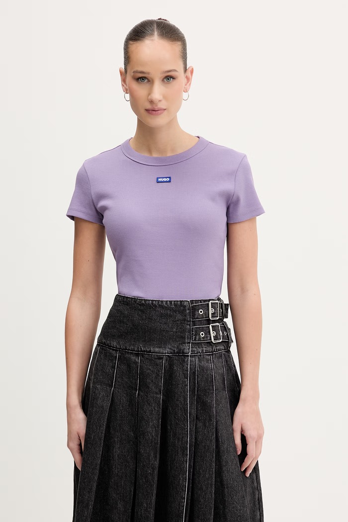 HUGO Blue tričko dámske bavlnené s elastanom Baby Tee_B nášivka fialová 50510749