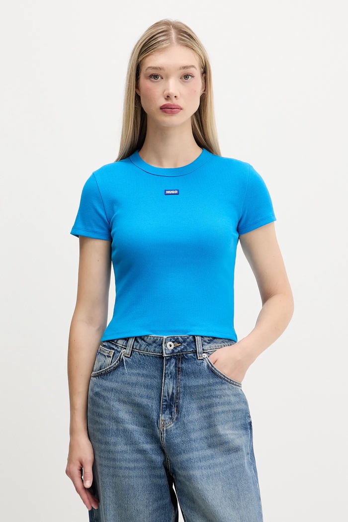 HUGO Blue tričko dámske bavlnené s elastanom Baby Tee_B modrá 50510749