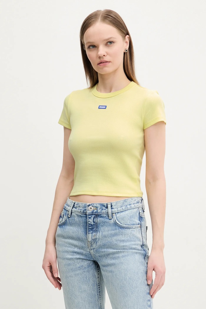 HUGO Blue tričko dámske bavlnené s elastanom Baby Tee_B nášivka žltá 50510749