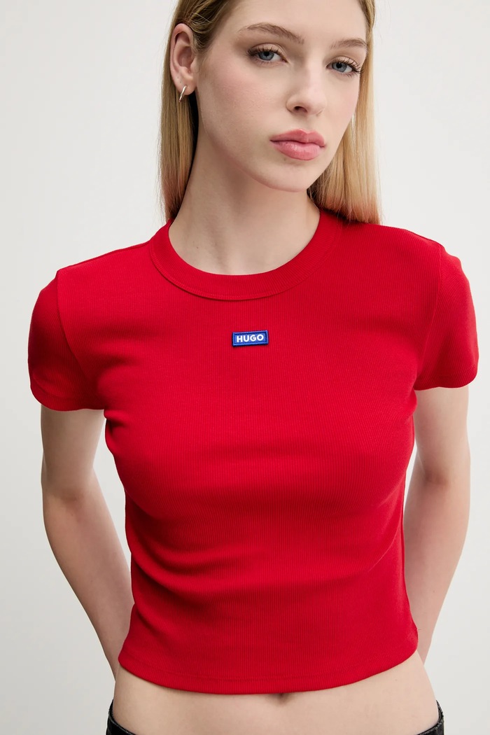 T-shirt damski bawełniany z elastanem Baby Tee_B HUGO Blue 50510749 czerwony