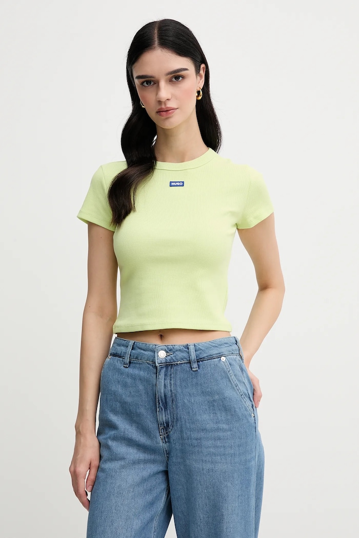 HUGO Blue tričko dámske bavlnené s elastanom Baby Tee_B nášivka zelená 50510749