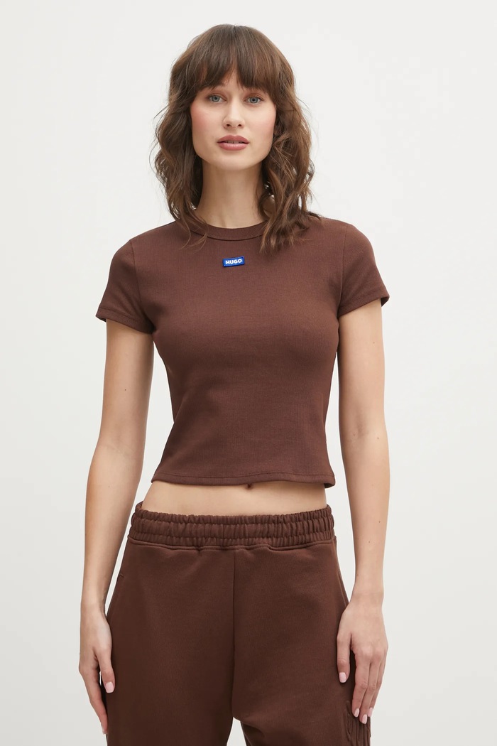 HUGO Blue тениска дамска от памук с еластан Baby Tee_B щампа кафяв 50510749