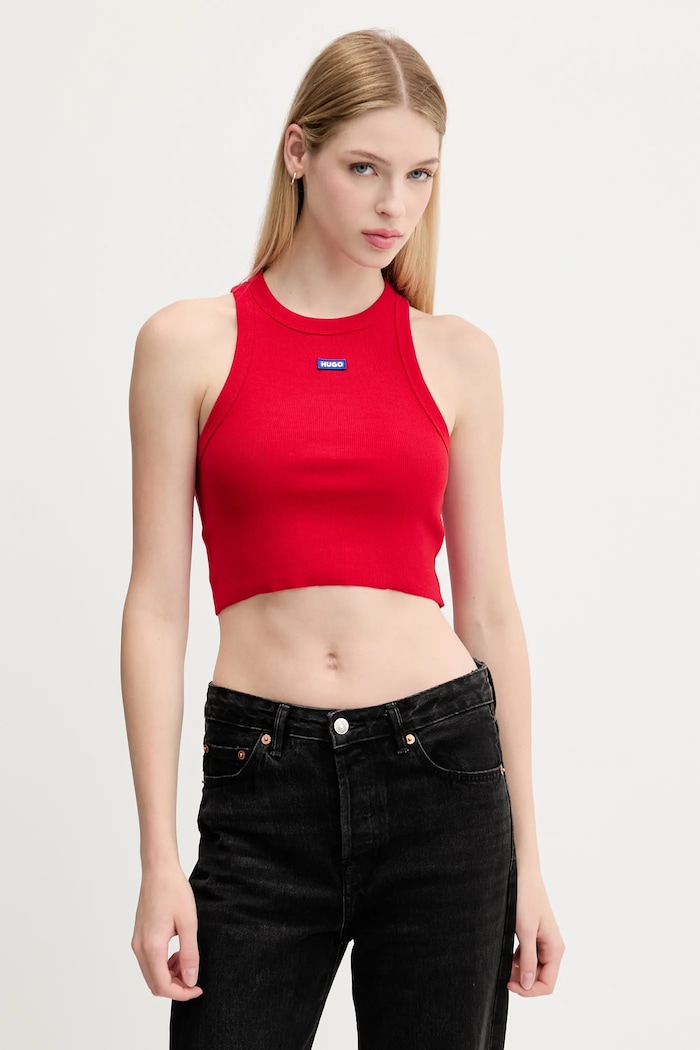 HUGO Blue crop top dámsky bavlnený s elastanom Baby Tank_B slim červená 50511450