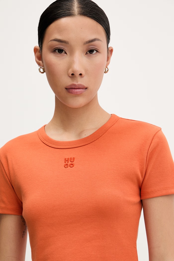 HUGO crop top damesc cu bumbac Delanor portocaliu 50512000