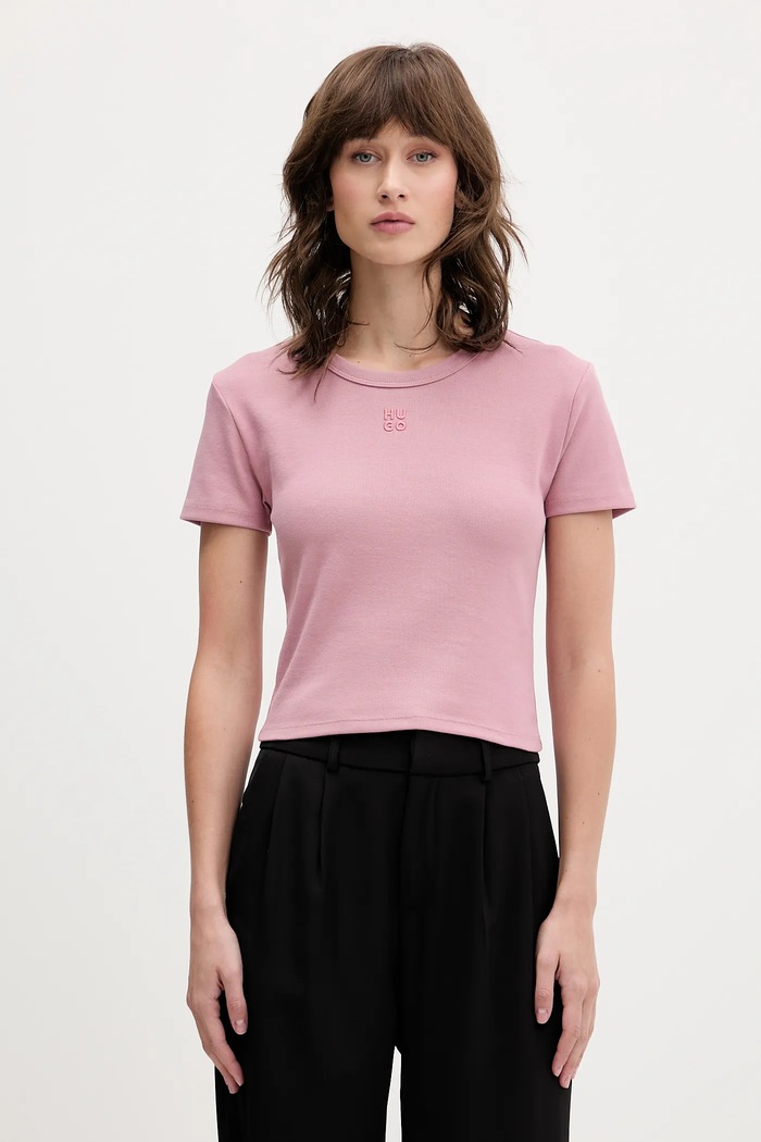 HUGO crop top dámsky z bavlny Delanor nášivka ružová 50512000