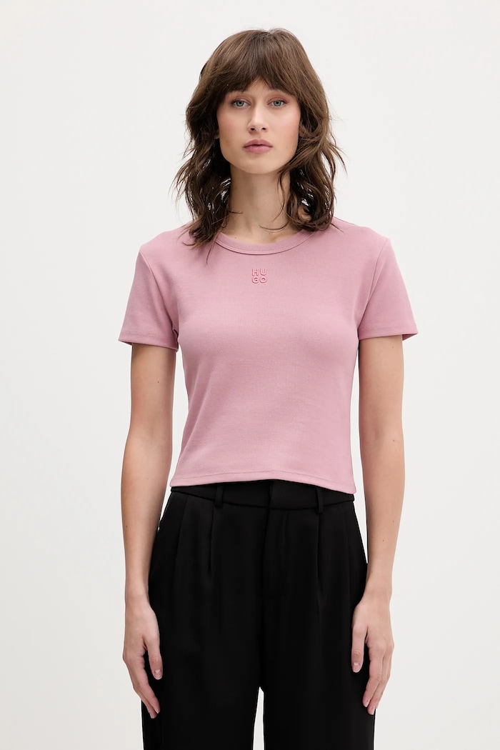 HUGO crop top dámsky z bavlny Delanor nášivka ružová 50512000
