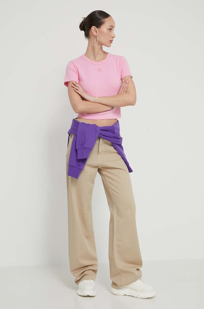 HUGO crop top dámsky s bavlnou Delanor 50512000 ružová SS26