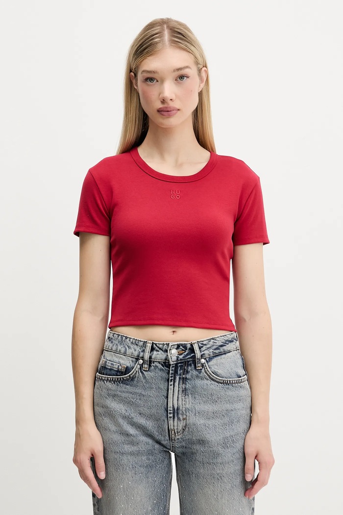 HUGO crop top dámsky s bavlnou Delanor nášivka červená 50512000