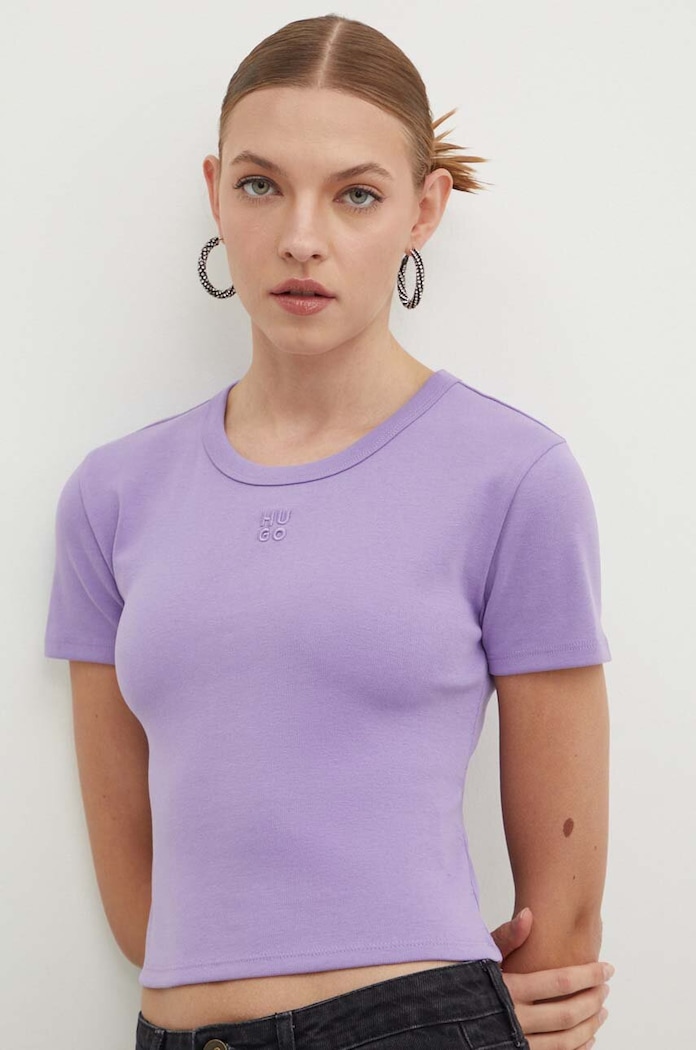 HUGO crop top damski z bawełną Delanor aplikacja fioletowy 50512000