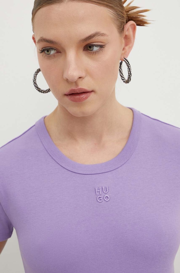 HUGO crop top damski z bawełną Delanor fioletowy 50512000