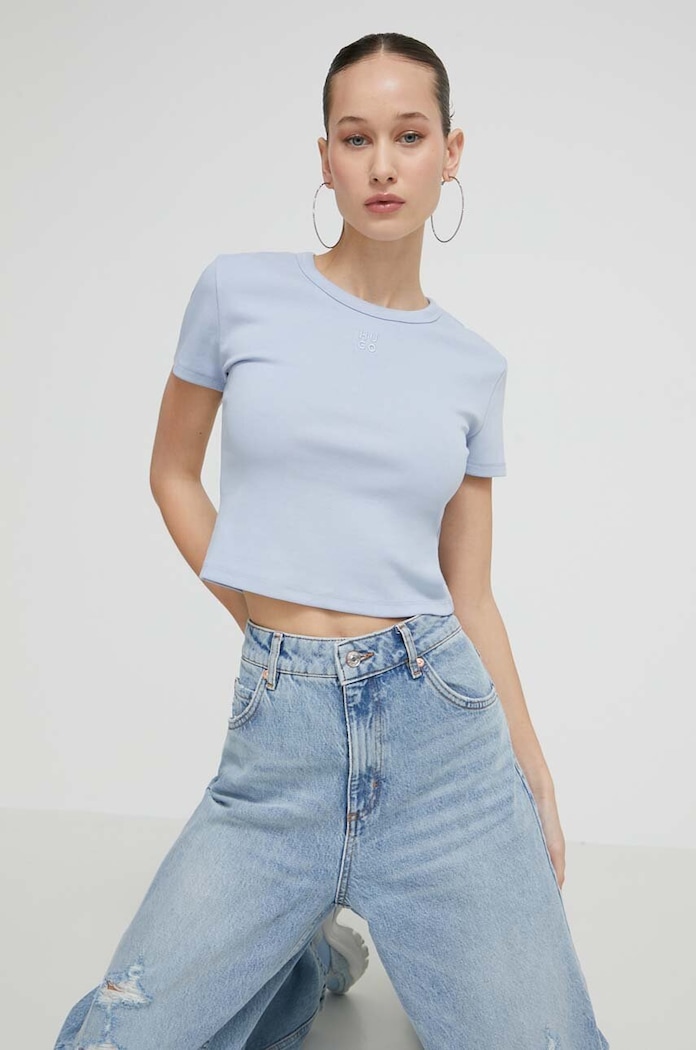 HUGO crop top dámsky s bavlnou Delanor nášivka modrá 50512000