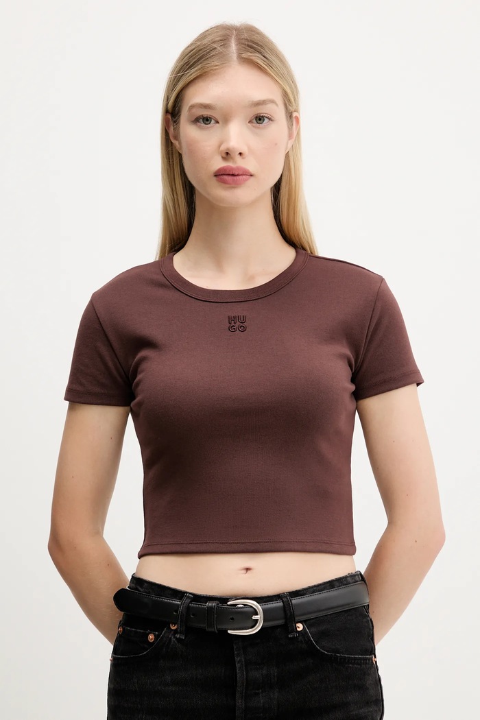 HUGO crop top dámsky s bavlnou Delanor nášivka hnedá 50512000