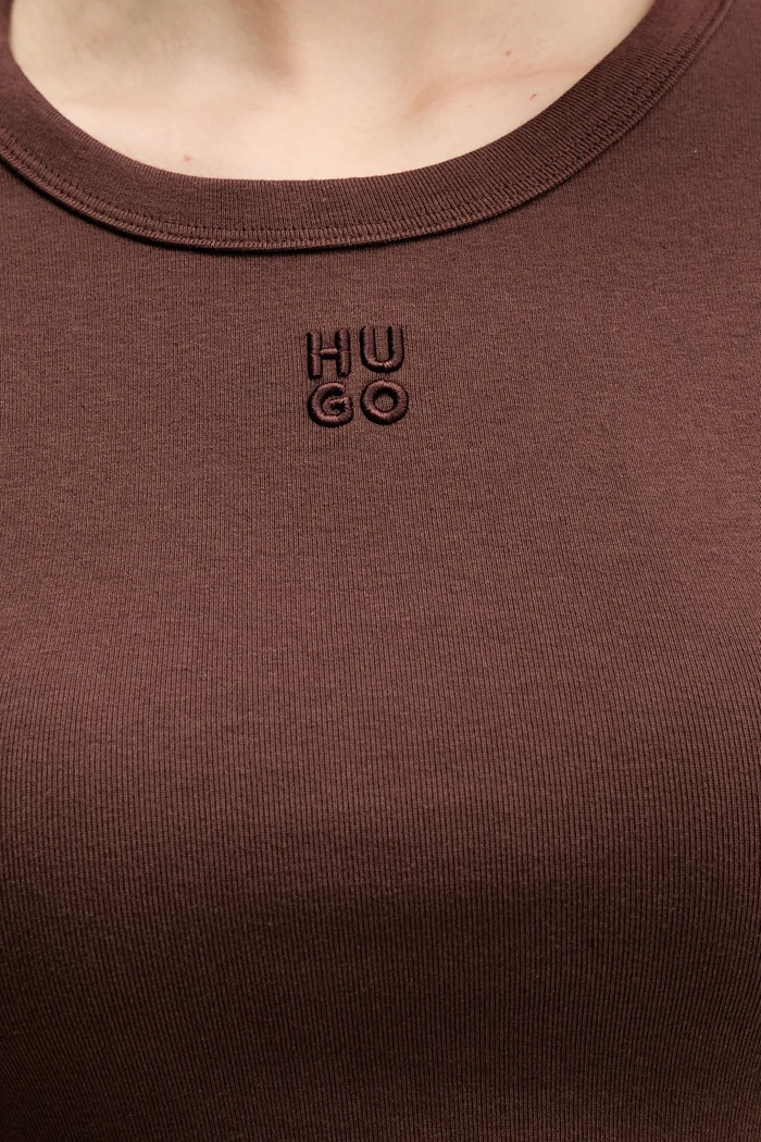 HUGO crop top dámsky s bavlnou Delanor 50512000 hnedá
