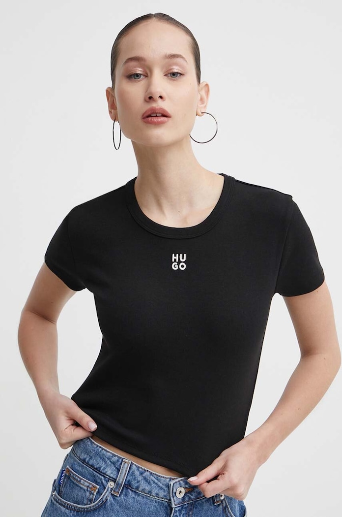 HUGO crop top γυναικείο με βαμβάκι Delanor με ελαστάν μαύρο 50512000