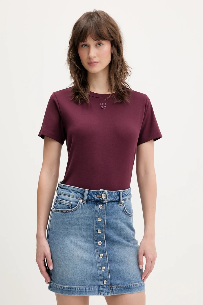 HUGO tricou damă cu bumbac Deloris uni burgundia 50512002