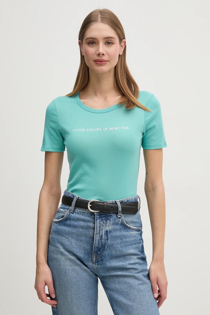 Bavlněné tričko United Colors of Benetton potisk tyrkysová 3GA2E16A2