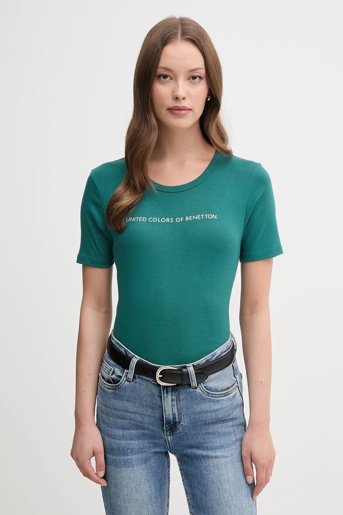 Bavlněné tričko United Colors of Benetton potisk tyrkysová 3GA2E16A2