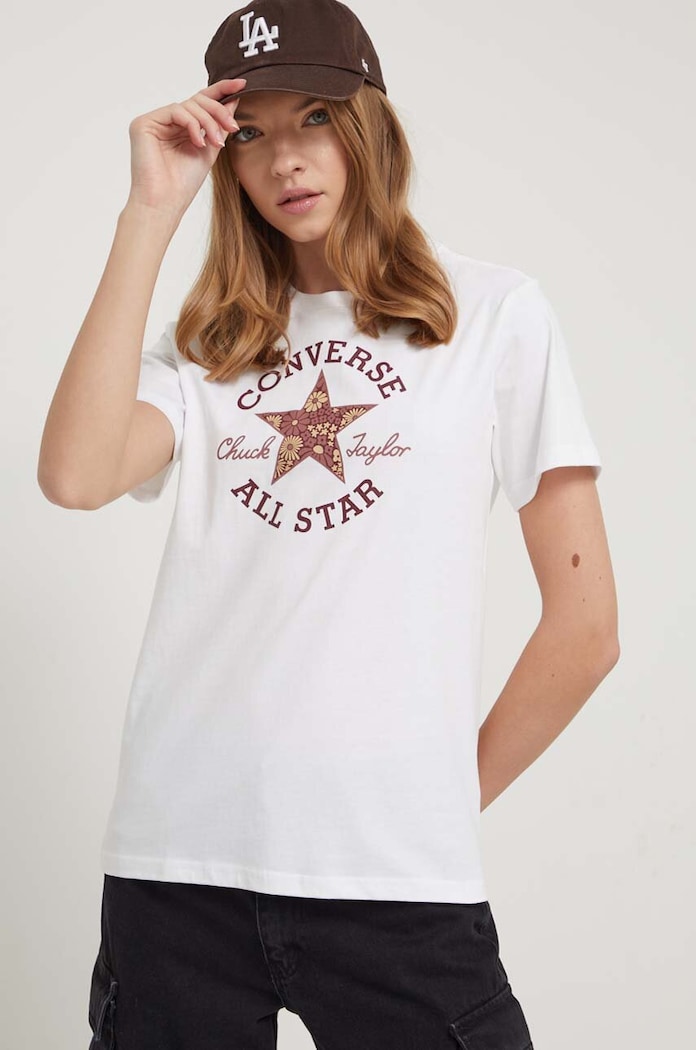 Bavlněné tričko Converse slim béžová 10026049.A01