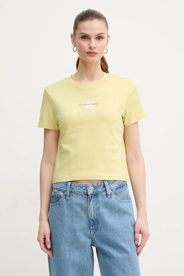 Bombažna kratka majica Calvin Klein Jeans Potisk rumena J20J223113
