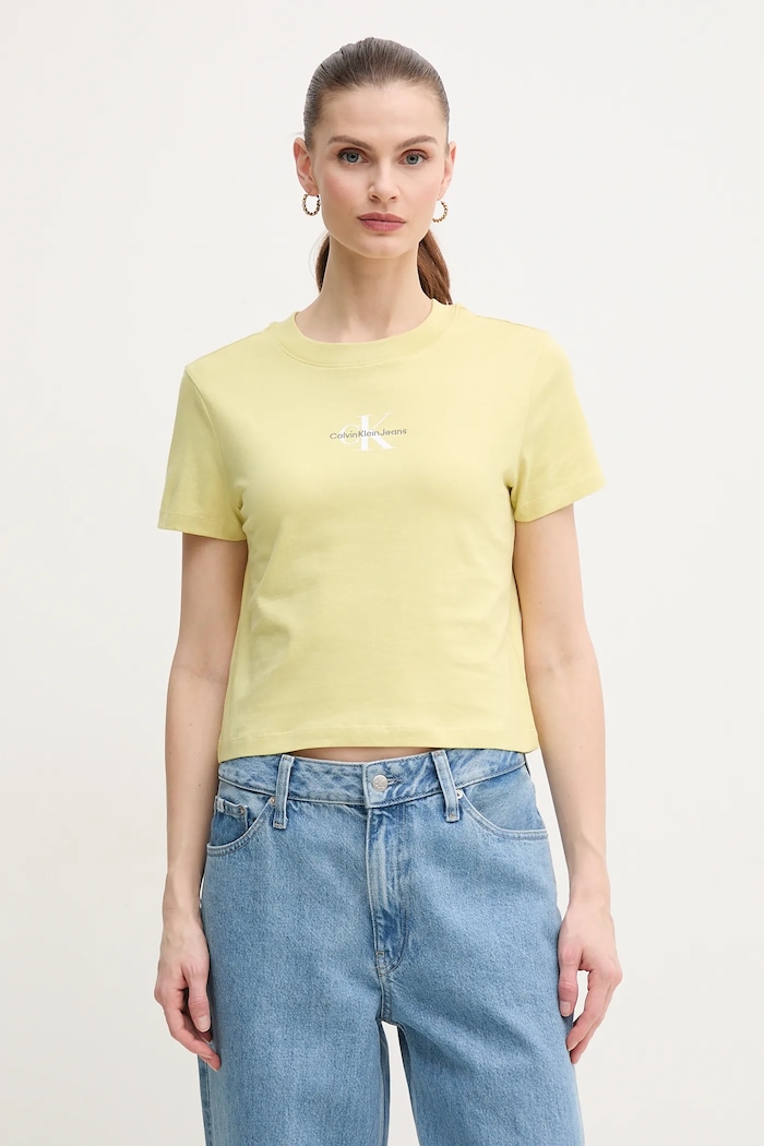Bombažna kratka majica Calvin Klein Jeans Potisk rumena J20J223113