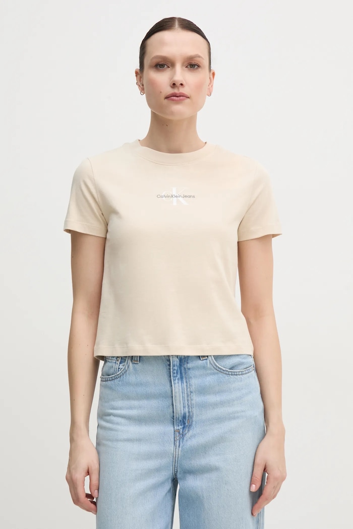 Bavlněné tričko Calvin Klein Jeans potisk béžová J20J223113