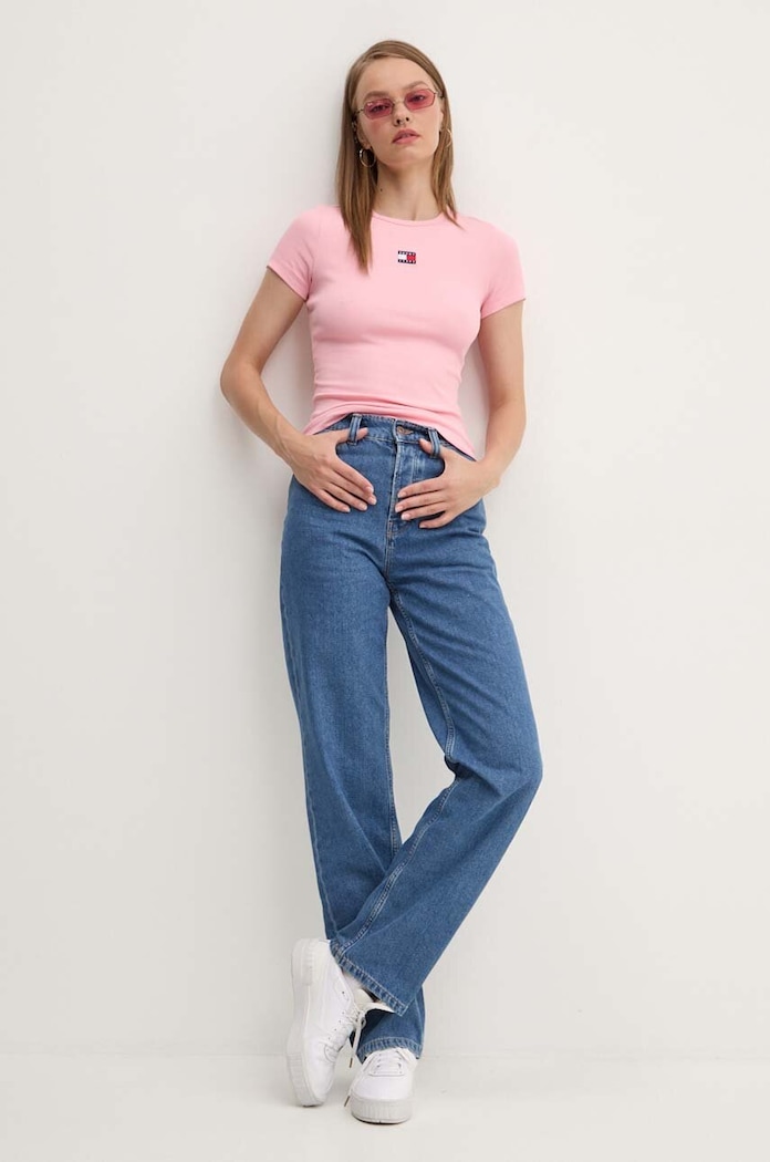 Tommy Jeans T-shirt damski bawełniany z elastanem różowy DW0DW17881