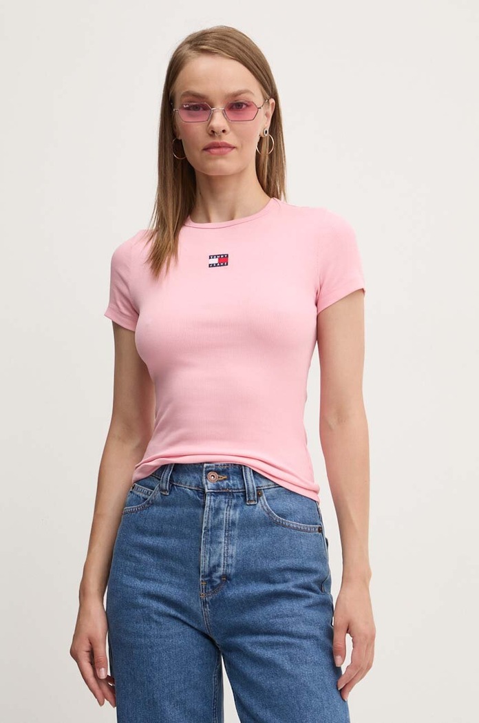 Tommy Jeans T-shirt damski bawełniany z elastanem DW0DW17881 różowy SS26
