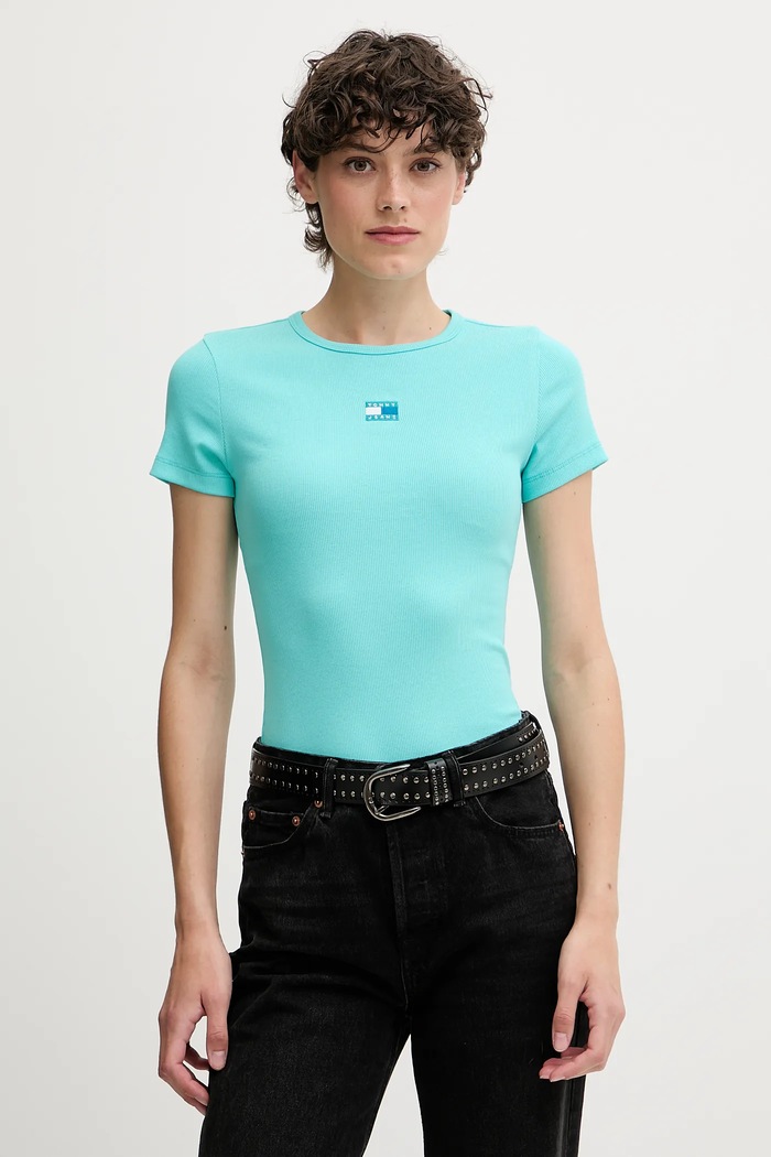 Tommy Jeans T-shirt damski bawełniany z elastanem aplikacja turkusowy DW0DW17881