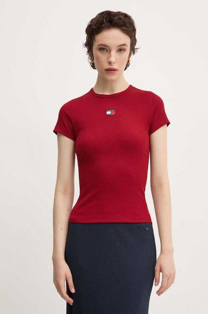 Tommy Jeans majica za žene od pamuka s elastanom bordo DW0DW17881