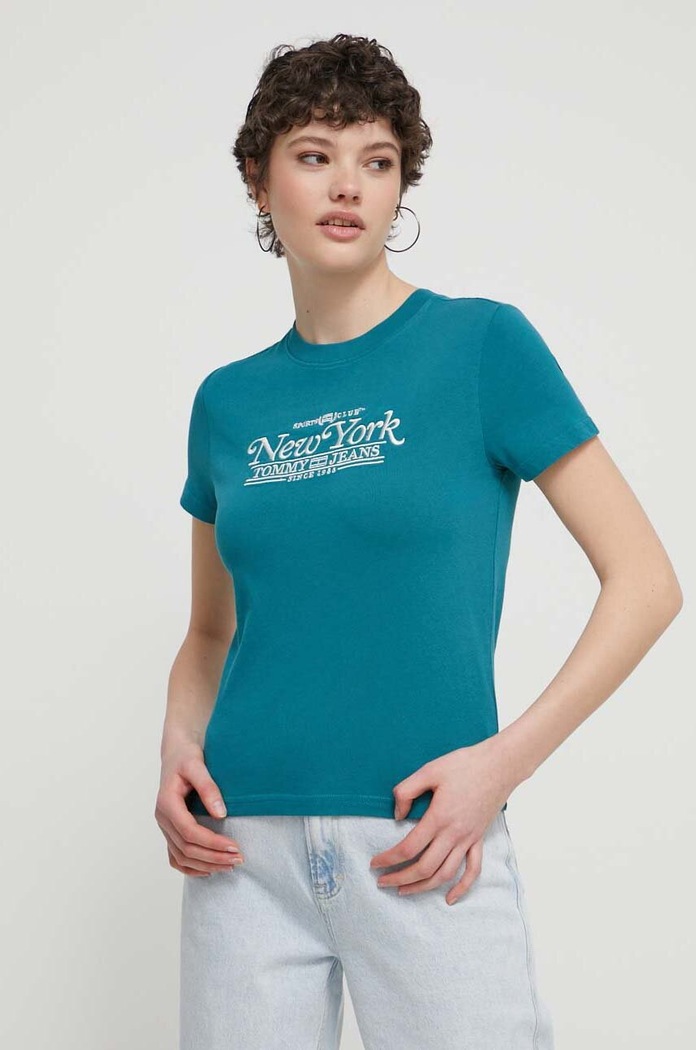 Tommy Jeans T-shirt bawełniany turkusowy DW0DW17826