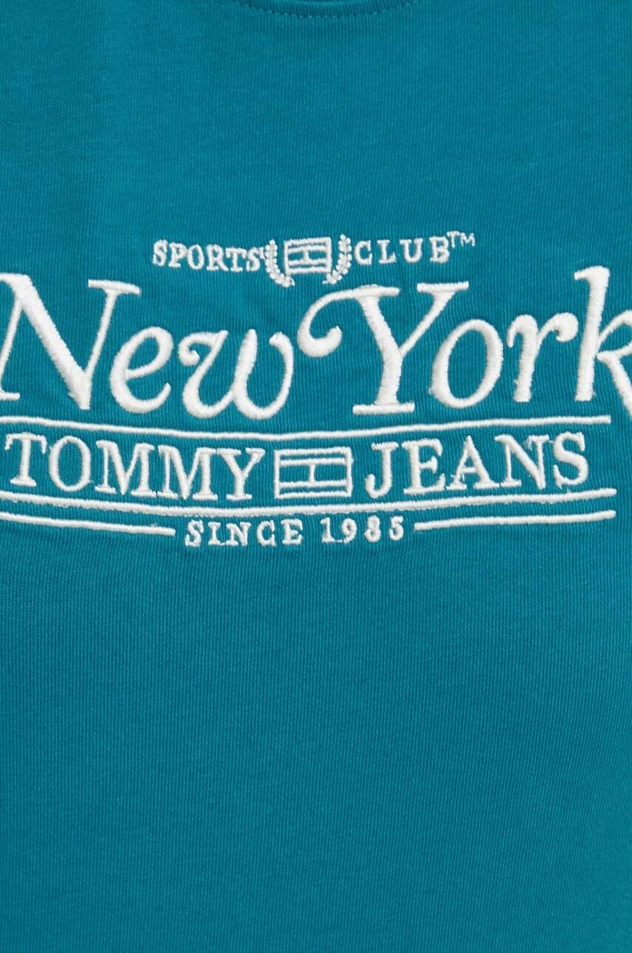 T-shirt bawełniany Tommy Jeans turkusowy DW0DW17826